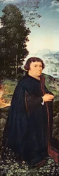 Portret van een schenker knielend bij een rivier